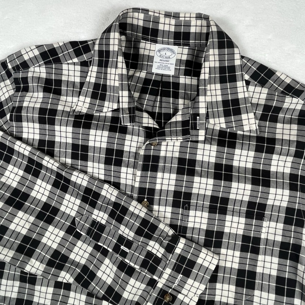 Brooks Brothers 1818 Regent Mens L black White Plaid Non-iron Supima Dress Shirt